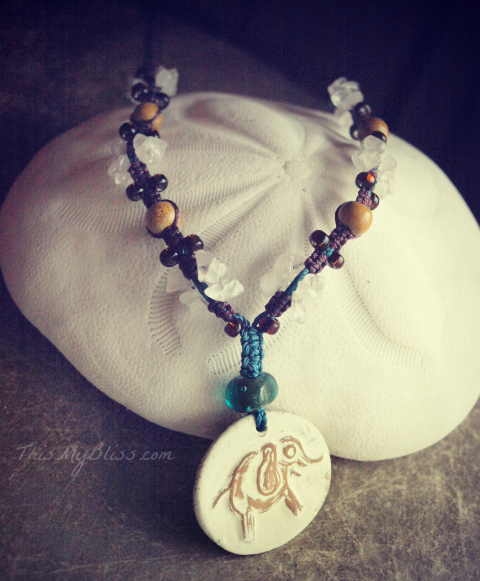 Micro Macrame Elephant Necklace With Gemstones & Artisan Ceramic Pendant